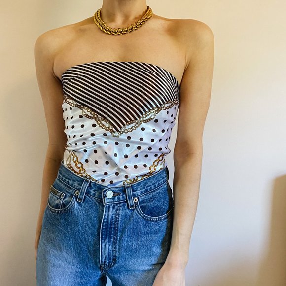 Satin Chocolate Polkadot Gold Chain Scarf Top - Picture 8 of 8